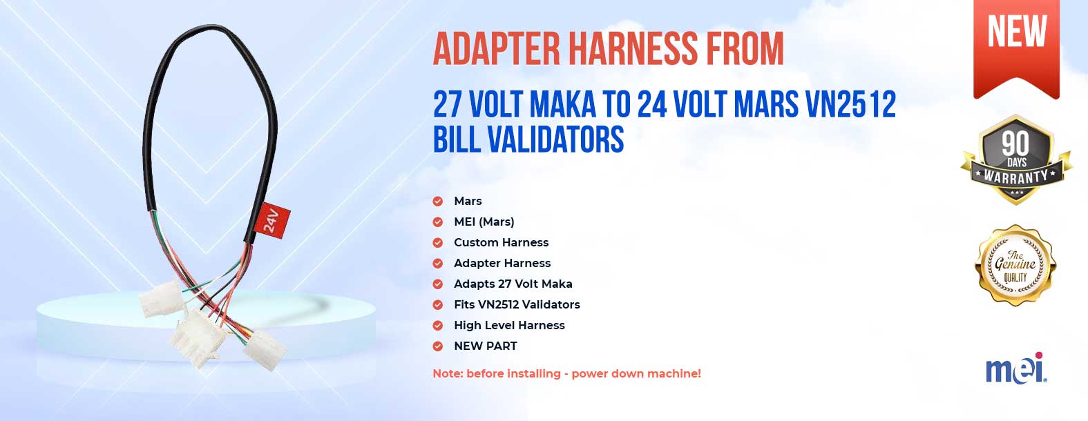 Adapter harness fits 24 volt Mars bill validators