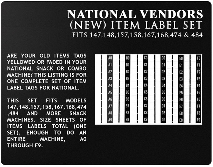 National Vendors 147 snack machine item tags